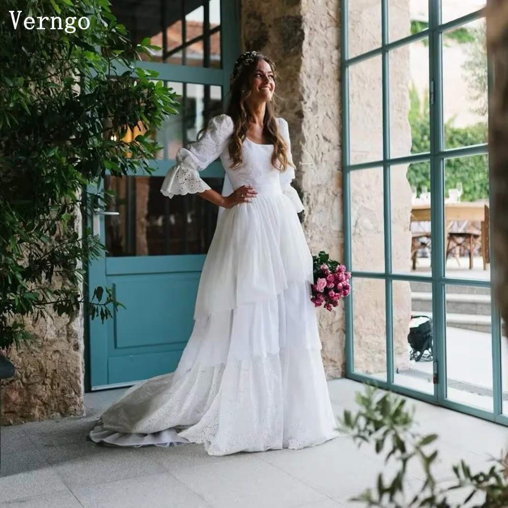 Verngo 소박한 웨딩 원피스 빈티지 레이스 웨딩 원피스, 보호 A 라인 신부 가운, 반팔 티어 웨딩 가운, 맞춤형 2024