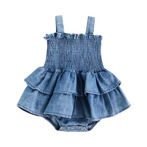 아기 여름 옷 소녀 데님 Romper 민소매 서스펜더 Pleated 디자인 프릴 밑단 하단 스냅 버튼 귀여운 점프 슈트