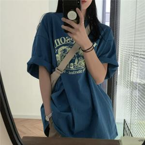 트렌디 오버 사이즈 반소매 여성 티셔츠 루즈핏 한국 스타일 여름 빈티지 프린트 라운드 넥 코튼 탑