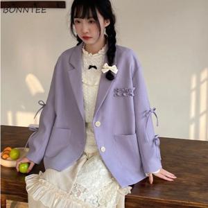퍼플 블레이저 레이스업 디자인 러블리 프레피 스타일 텐더 솔리드 올 매치 여성용, 노치드 레이디 아웃웨어, 한국 스타일