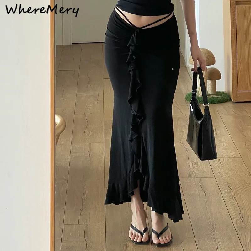 WhereMery 여성 솔리드 프릴 스키니 스커트 섹시한 셔링 붕대 하이 웨이스트 스트리트 스커트 여름 우아한 오피스 캐주얼 짧은 드레스