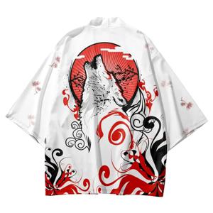 일본 패션 늑대 프린트 사무라이 기모노 여름 캐주얼 비치 카디건 화이트 유카타 여성 남성 코스프레 하오리 탑 아시아 의류