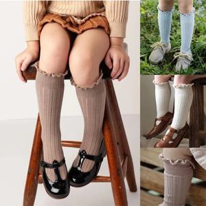 여아용 무릎 높이 양말, 유아용 프릴, 긴 부드러운 면 양말, 레이스 플라워, 어린이 학교 양말