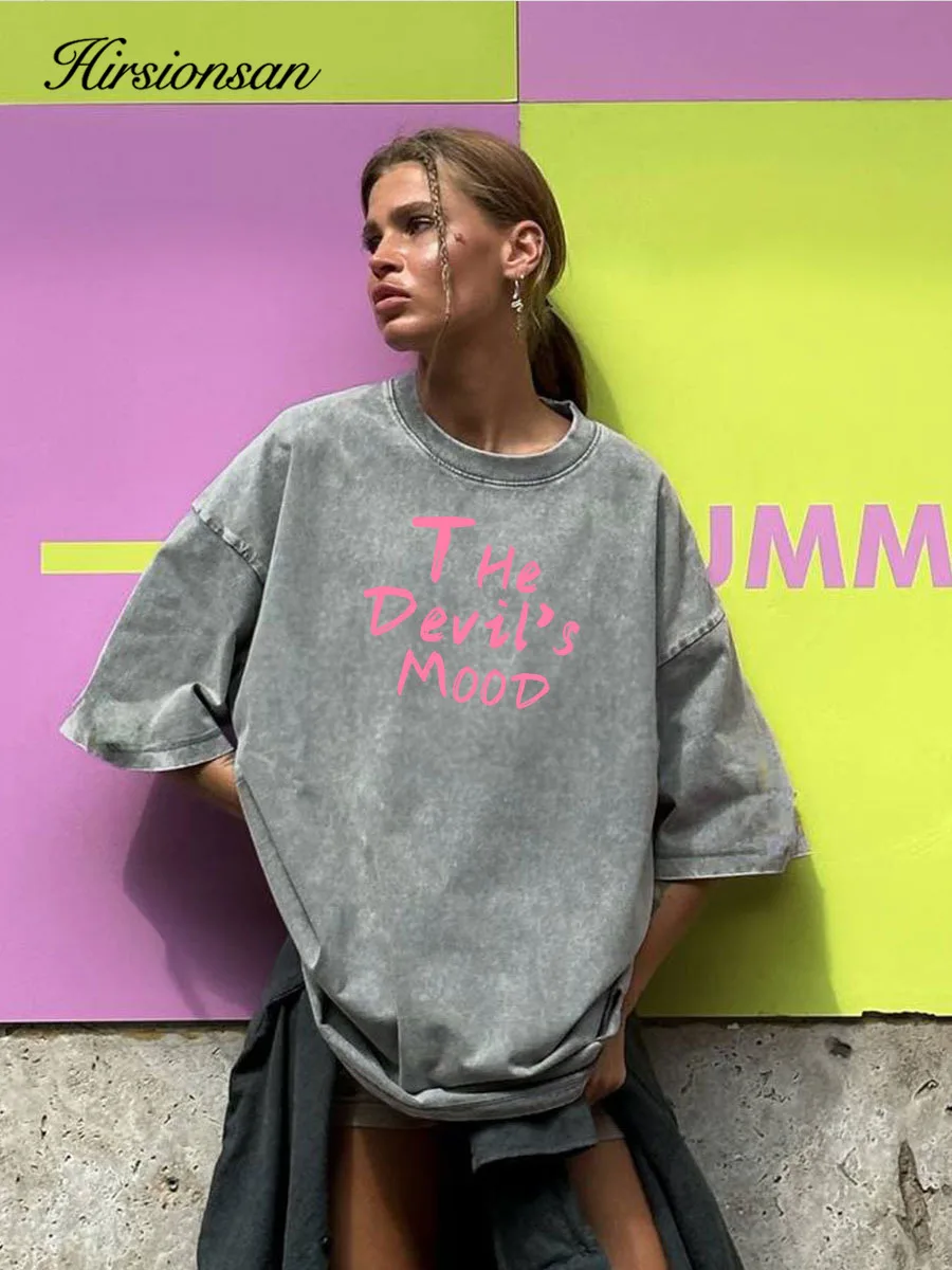 Hirsionsan Acid Washed T 셔츠 여성 빈티지 코튼 티셔츠 streetwear 소프트 미네랄 티셔츠 소녀 루즈 레터 프린트 탑 y2k