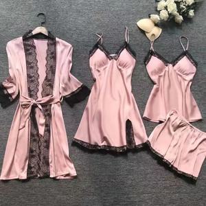 4PCS 여성 수면 가운 가운 세트 잠옷 잠옷 세트 라운지 실크 여성 Nightdress 레이스 드레스 수면 Nightwear 실크 Pijama 세트