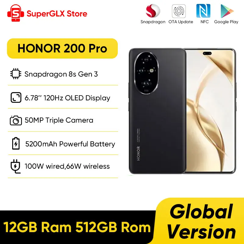 2024 글로벌 버전 HONOR 200 Pro Snapdragon 8s Gen 3 5G 스마트폰 6.78인치 120Hz AMOLED 디스플레이 지원 HONOR 100W SuperCharge