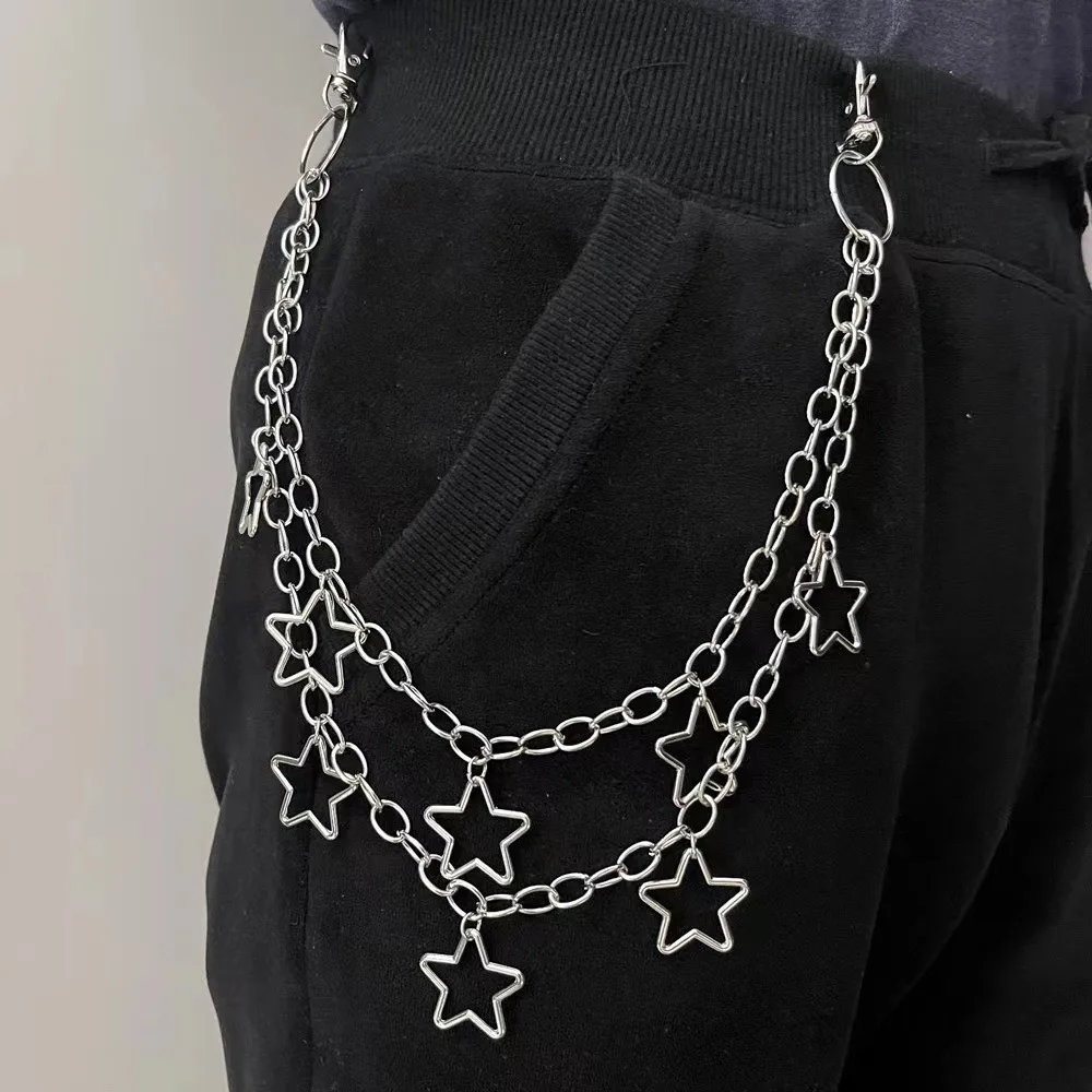 1pc 스타 더블 레이어 허리 체인 망 장식 바지 체인 청바지 바지 체인 힙합 락 체인 펑크 레트로 벨트 체인