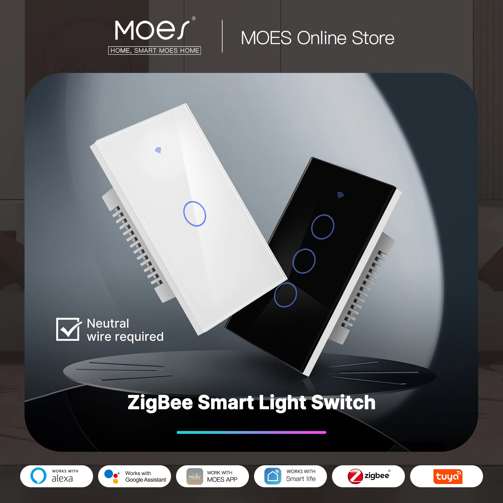 MOES 투야 지그비 라이트 스위치 터치 유리 패널, 내화성 중성선 필요, 알렉사 구글 홈과 리모컨 작동