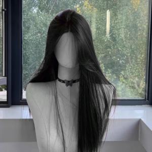 여성용 블랙 가발 긴 스트레이트 헤어 머리띠 레이스 프론트 가발 코스프레 기질 매일 사용 로리타 블랙 합성 가발