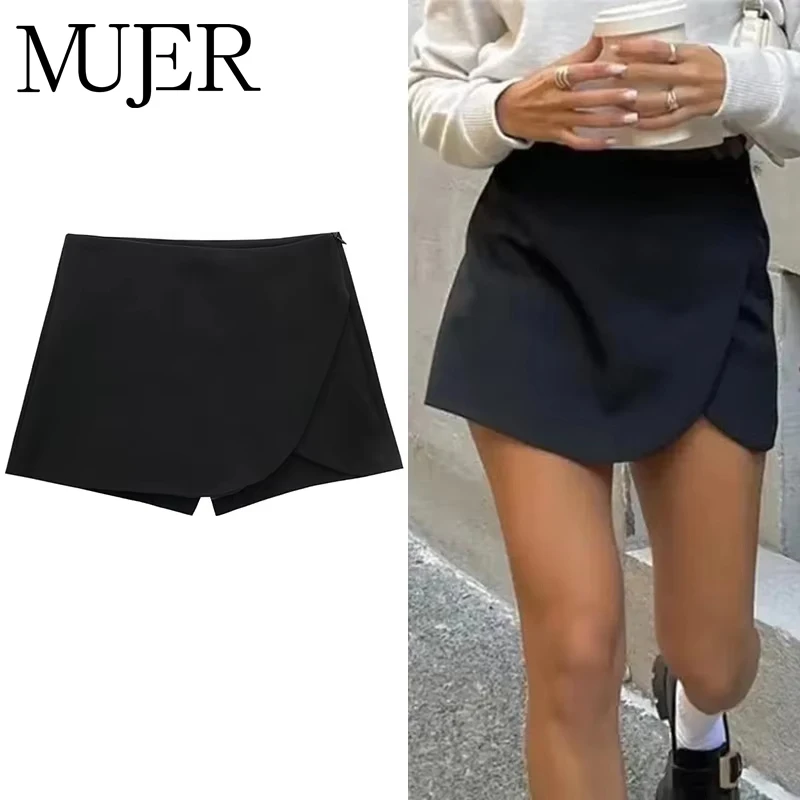 MUJER 2025 블랙 미니 스커트 반바지 여성 패션 비대칭 스코트 여성용 하이웨이스트 숏 스커트 여성 여름 캐주얼 반바지