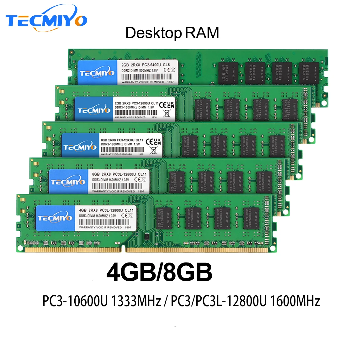 슈퍼 8GB 데스크탑 RAM DDR3 DDR3L 1600MHz 1333MHz PC3-12800U PC3-10600U 4GB DIMM Intel AMD 1.5V 1.35V 2RX8 비 ECC 메모리 - 녹색