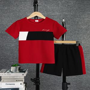 2pcs 소년 캐주얼 Colorblock 짧은 소매 티셔츠 & 반바지 세트, 편안한 여름 어린이 옷