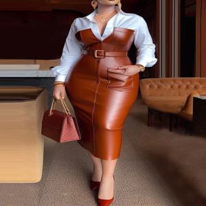 여자 셔츠 칼라 드레스 새로운 가을 단추 긴 소매 PU 가죽 패치 워크 포켓 스키니 벨트 옷깃 여성 미디 드레스