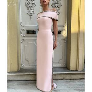 고베 메탈 체인 인어 원 숄더 댄스 파티 드레스 사이드 슬릿 핑크 새틴 바닥 길이 웨딩 드레스 vestidos de noche 맞춤형