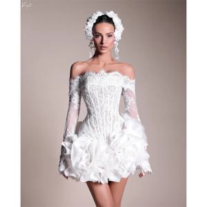 사용자 정의 미니 레이스 아플리케 3D 꽃 웨딩 드레스 화이트 오프 어깨 긴 소매 파티 후 vestidos de novia 볼 가운