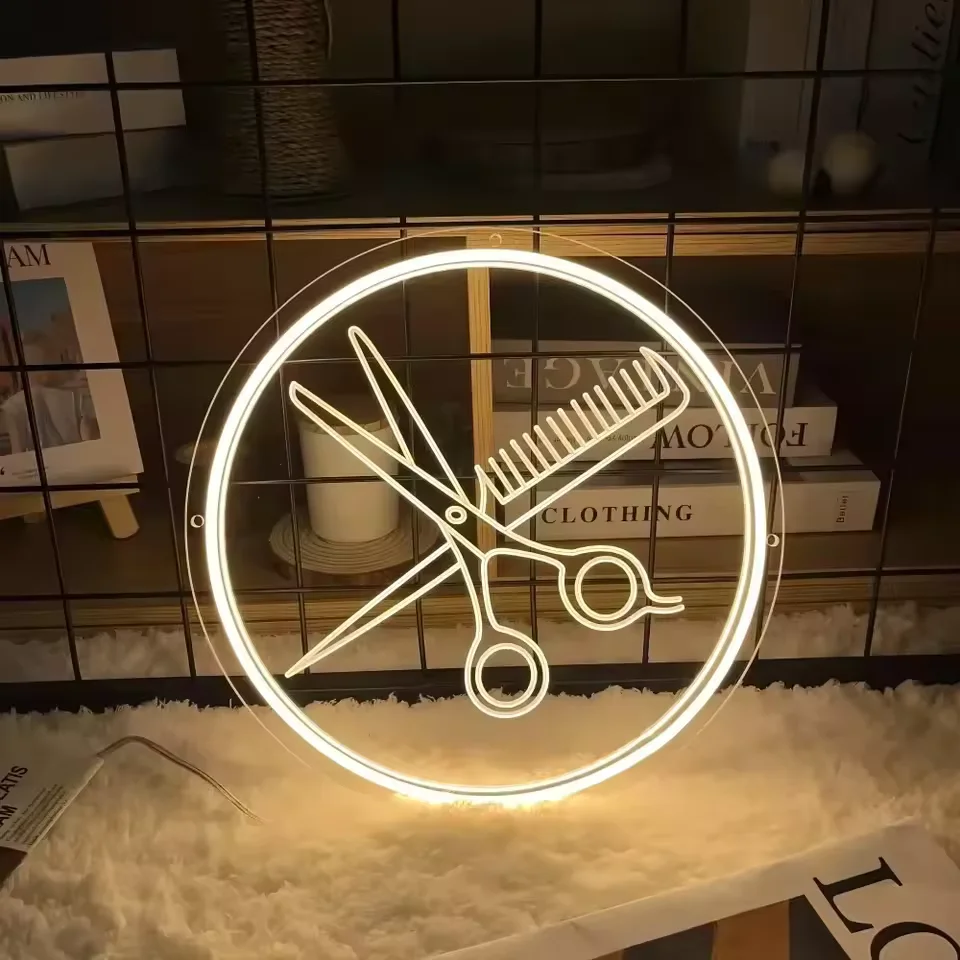 헤어 살롱 새겨진 네온 사인 빗 및 가위 이발소 장식 네온 램프 개인 벽 장식 조명에 대한 LED 네온 사인
