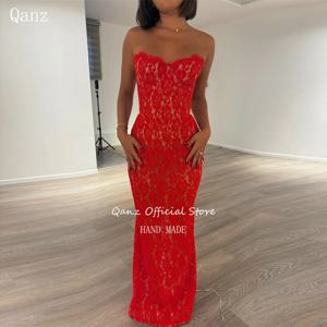 Qanz 레드 레이스 아플리케 Robes De Soirée Sweethert Sleevelss 인어 댄스 파티 드레스 코르셋 백 이브닝 드레스 여성 맞춤형
