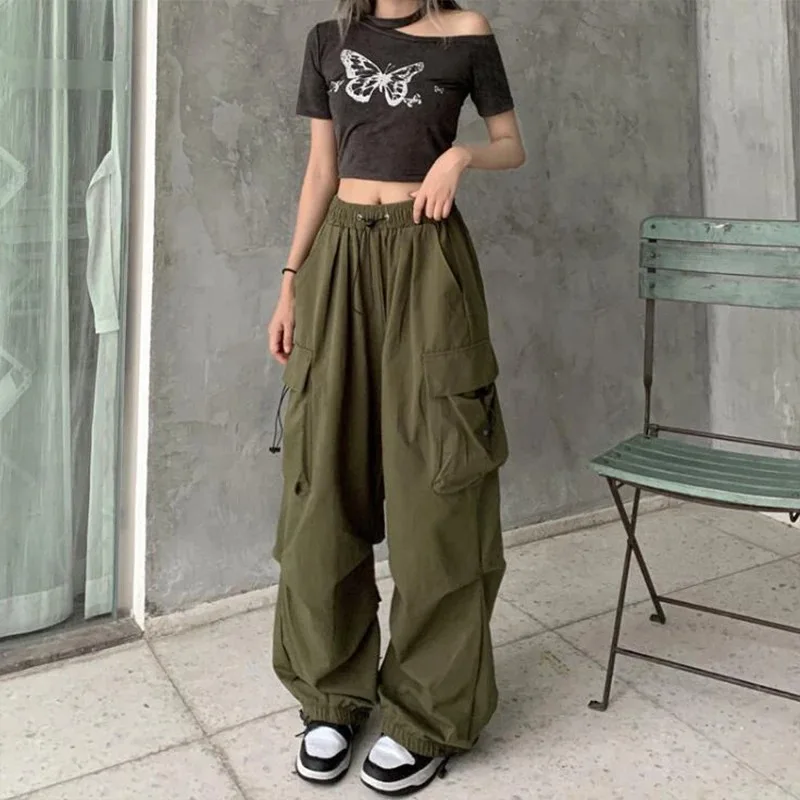 여성 캐주얼 조깅 기술 바지 솔리드 로우 허리 바지 Drawstring 넓은 다리 헐렁한 바지 Y2k streetwear Oversize Sweatpants