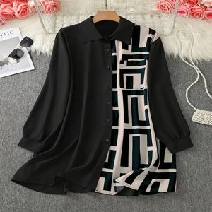 플러스 사이즈 1XL-5XL 기하학적 프린트와 블랙 액센트가 있는 여성용 우아한 버튼 업 셔츠 Ladis 긴 소매 사무복 셔츠