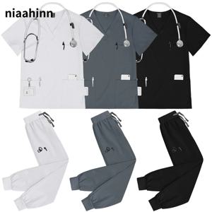 여러 가지 빛깔의 간호사 유니폼 외과 작업복 애완 동물 스크럽 탑 + 바지 정장 여성 반팔 다기능 포켓 간호 작업복