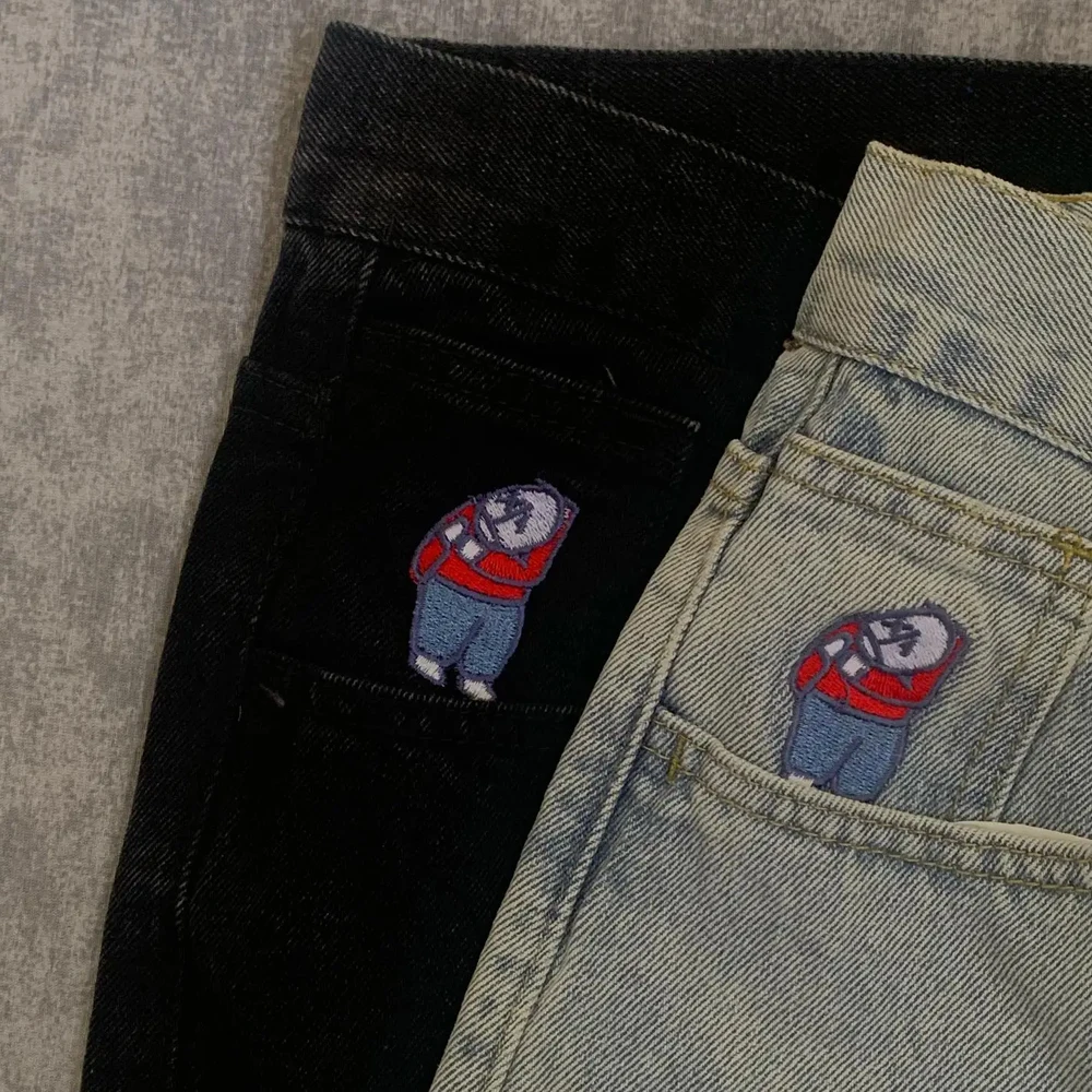 Y2K 자수 헐렁한 소년 청바지 여성 streetwear 고딕 만화 블루 스트레이트 청바지 레트로 펑크 록 높은 허리 데님 바지