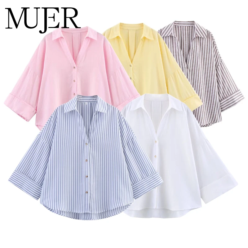 MUJER 여성용 셔츠 스트라이프 오버사이즈 셔츠 여성용 와이드 슬리브 캐주얼 셔츠 및 블라우스 여성용 화이트 여름 루즈 탑 여성용