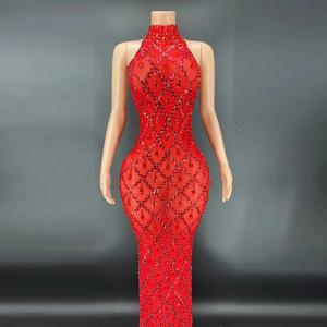 레드 다이아몬드 드레스 온 레드 바텀 나이트 클럽 바 여성 가수 DJDS 공연 의류 무대 의류 Robe Femme Chic Et Élégante