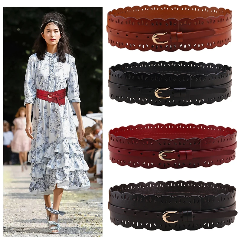 서양 암소 가죽 속이 빈 여성 Cummerbund 패션 드레스 스웨터 두꺼운 코트 여성 와이드 벨트