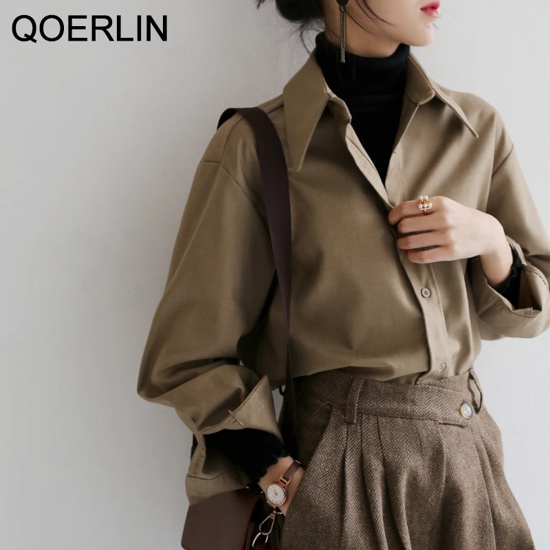 QOERLIN 커피 블라우스 여성 봄 가을 캐주얼 솔리드 컬러 긴 소매 셔츠 여성 한국어 루즈 셔츠 OL 스타일 Workwear S-XL