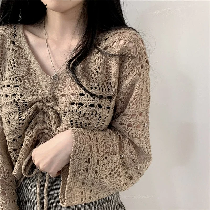 여성용 할로우 아웃 디자인 풀오버, 섹시한 상의, 올 매치 루즈 카키 V넥, 심플 시크, 한국 패션, 가을, 신상 스트리트웨어