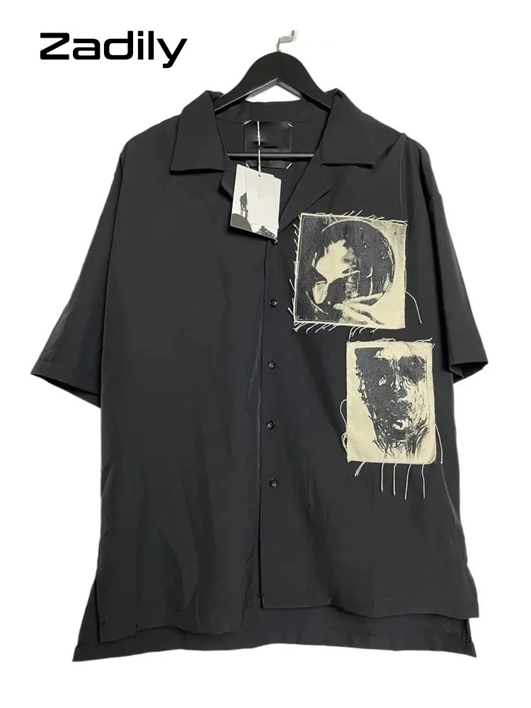 Zadily 2022 여름 Y2k 반팔 셔츠 여성 패치 디자인 버튼 업 루즈 블라우스 튜닉 고딕 streetwear 여성 의류 탑