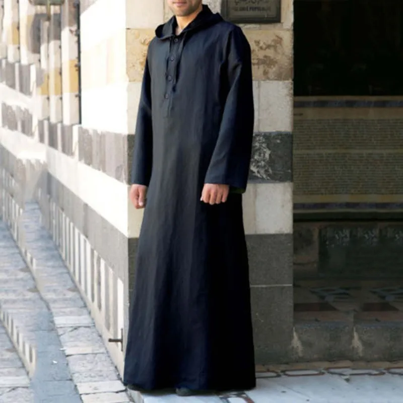 이슬람 가운 남성 의류 Kaftan 후드 긴 Jubba Thobe 아랍 터키어 아바야 이슬람 습관 Musulman 옴므, 단색 라마단 드레스