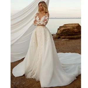분리형 2 in1 레이스 화이트 웨딩 드레스 우아한 여성 섹시한 v 넥 인어 아플리케 버튼 신부 가운 vestidos de novia