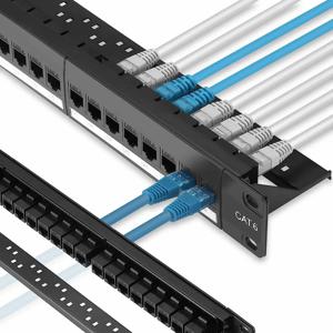 ZoeRax 패치 패널 24 포트 Cat6 Cat6a Cat7(인라인 키스톤 10G 포함), RJ45 커플러 패치 패널 19인치(탈착식 백 바 포함)