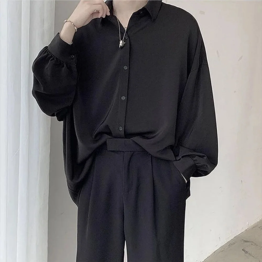 무료 블랙 타이 긴팔 셔츠 남성 한국 편안한 블라우스 캐주얼 루즈 싱글 브레스트 셔츠 Mens Tshirt 하라주쿠