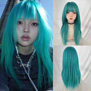 VICWIG 합성 긴 스트레이트 그린 블루 여성 가발 (Bangs 포함) 로리타 코스프레 푹신한 머리 가발 데일리 파티