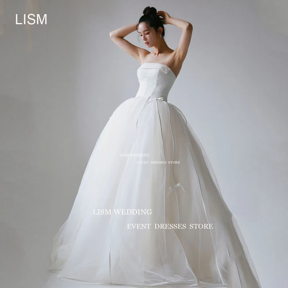 LISM 우아한 Strapless 라인 한국 웨딩 드레스 요정 Tulle 활 신부 가운 사진 촬영 민소매 맞춤형 신부 드레스