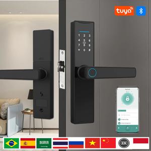 블루투스 호환 Tuya APP가 포함된 새로운 스마트 도어 잠금 장치 디지털 전자 잠금 장치 스마트 홈 나무 도어 잠금 장치 생체 인식 지문