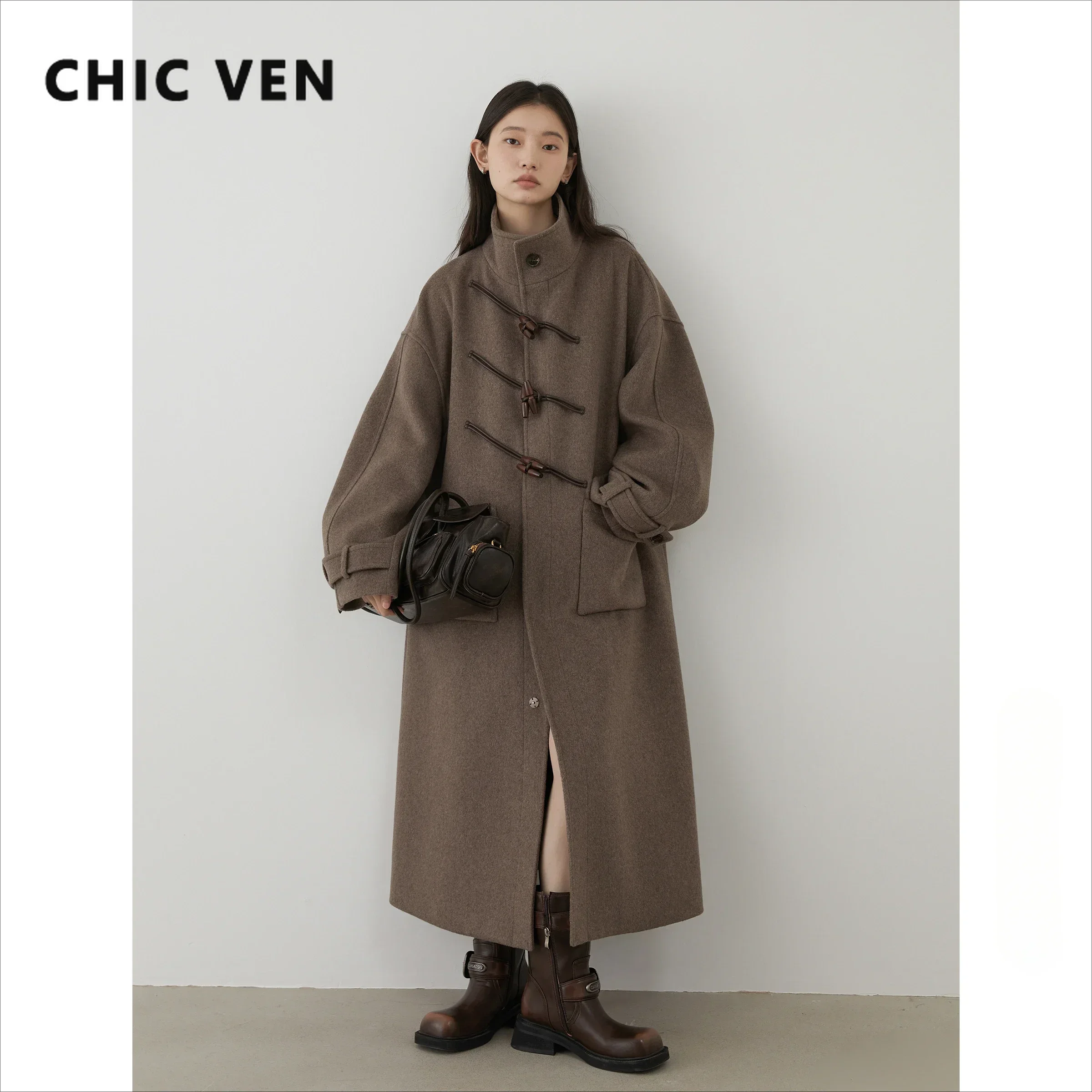 CHIC VEN 여성용 롱 모직 코트, 싱글 브레스트, 느슨한 스탠드 칼라, 암소 뿔 단추, 오피스 레이디 오버코트, 가을 겨울 2024