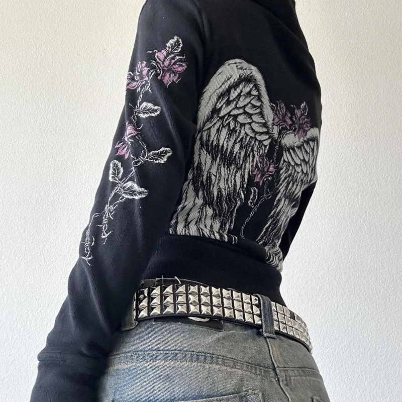 00s 미적 빈티지 자켓 Y2k 그런지 지퍼 업 스웨트 꽃 날개 프린트 슬림 피트 후드 E-girl Gothic Cool Street Outwear