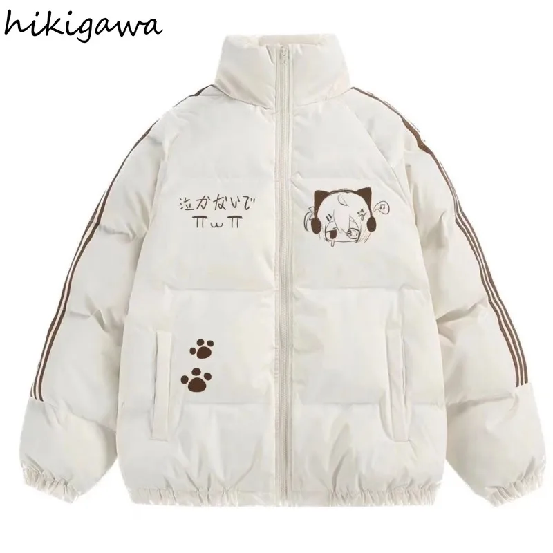 2025 겨울 의류 여성 파카 스탠드 넥 지퍼 두꺼운 재킷 streetwear y2k 탑 애니메이션 프린트 따뜻한 캐주얼 오버 사이즈 코트