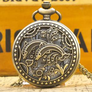 빈티지 청동 Steampunk 점프 돌고래 조각 석영 주머니 시계 목걸이 펜던트 시계 체인 남성 여성 체인 선물