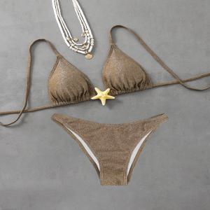 섹시한 홀터 비키니 세트, 불가사리 액세서리, 여성용 수영복, 비치웨어, 블랙 그린, 레이스업 목욕 세트, 2025 신상