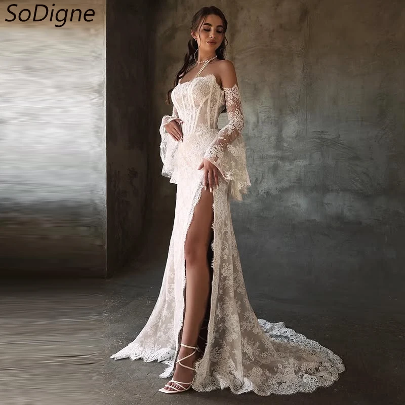 SoDigne 인어 레이스 웨딩 드레스, 스트랩리스 분리형 슬리브, 신부 원피스 스플릿 웨딩 가운, 맞춤형 가운