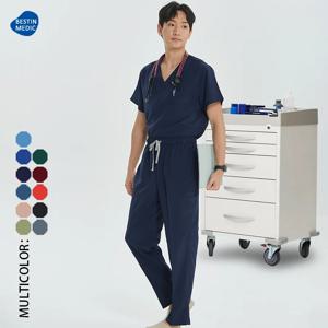 고품질 남성 의료 유니폼 스크럽 세트 v 넥 탑 Drawstring 바지 병원 의사 복장 치과 간호 슬림 슈트 S23
