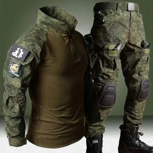 RU Camo 전술 세트 야외 통기성 긴 소매 티셔츠 + 멀티 포켓 스트레이트 카고 바지 남성 정장 훈련 전투 세트 새로운