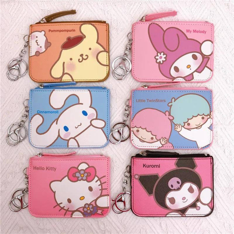 Sanrio Kurumi 작은 흰색 개 푸딩 개 쌍둥이 자리 긴 귀가 달린 토끼 가죽 카드 세트 키 체인 펜던트가있는 지갑