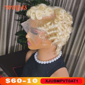 613 블론드 픽시컷 숏밥 딥웨이브 인모 가발 붉은 갈색 숏밥 13x4 투명 레이스 프론트 가발 프리플럭
