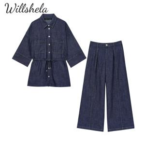 Willshela 여성 패션 데님 2 개 세트 블루 셔츠와 넓은 다리 바지 여성 세련된 레이디 캐주얼 블라우스와 바지 좌표