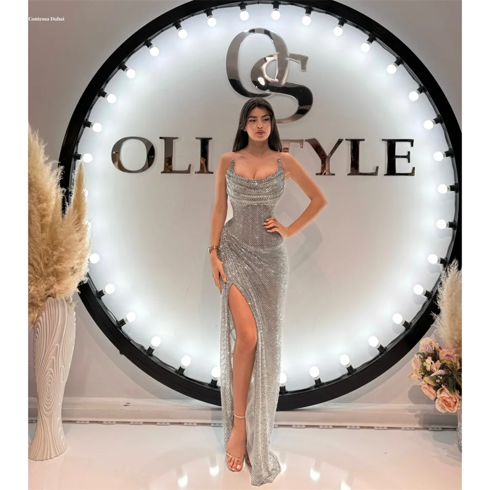 Contessa 두바이 맞춤형 Strapless 바닥 길이 인어 댄스 파티 드레스 사이드 하이 슬릿 민소매فساتين سهرات 반짝이 파티 드레스